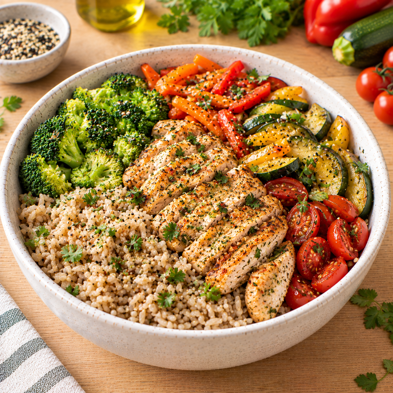 Bowl poulet-riz complet-légumes
