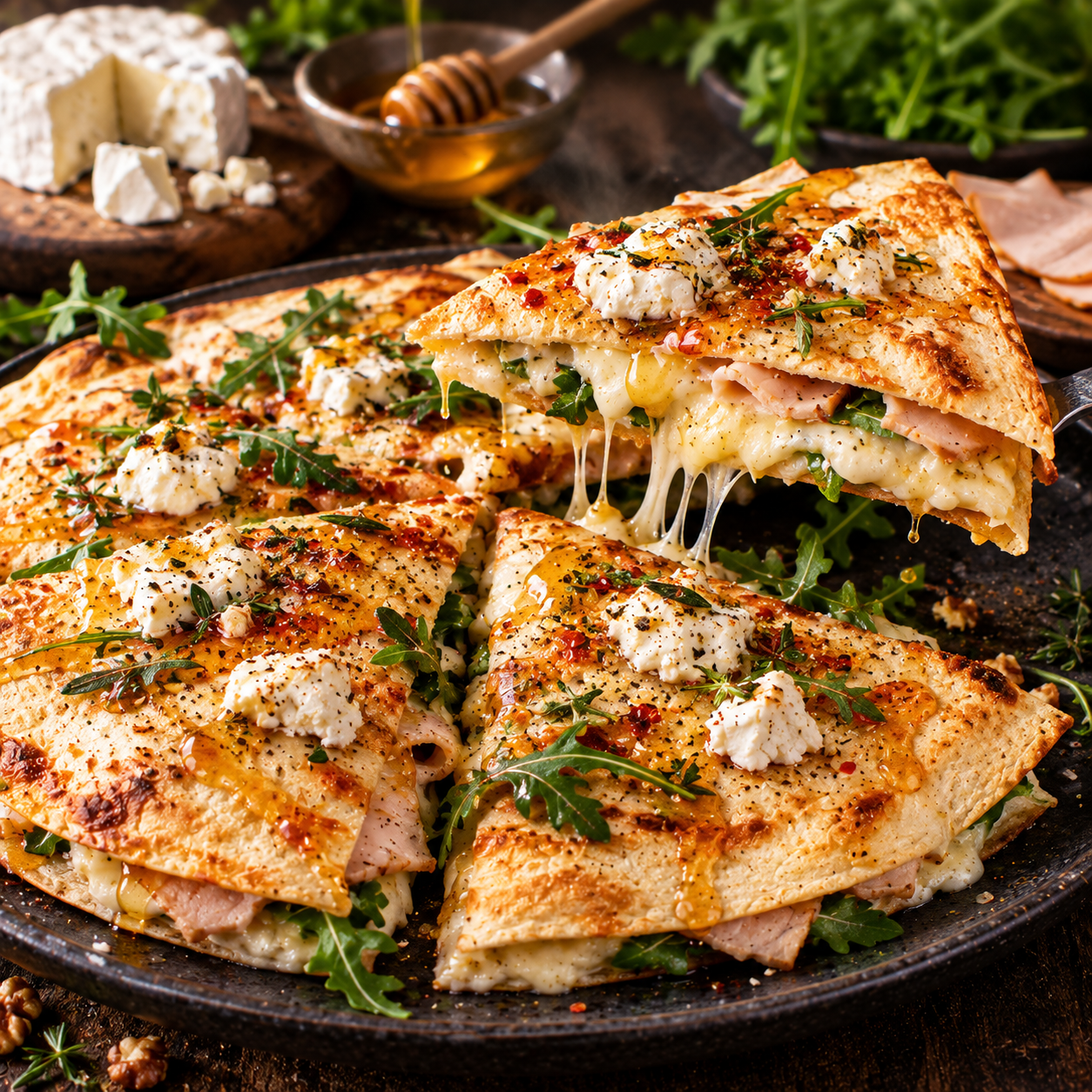 Pizza tortilla chèvre-miel-dinde