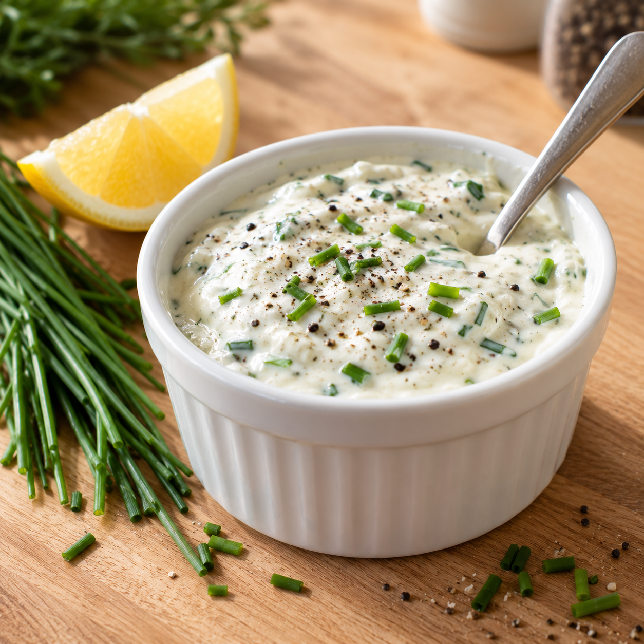Sauce fromage blanc ciboulette maison dans un ramequin blanc, parsemée de ciboulette fraîche